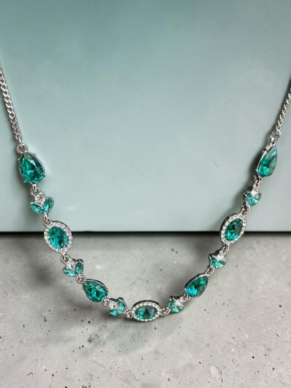 Givenchy Glass Stone Silver-Tone Frontal Necklace In Emerald, NWT In Gift Pouch